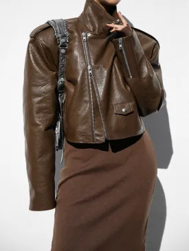 CROPPED CHUNKY VEGAN LEATHER BIKER JACKET