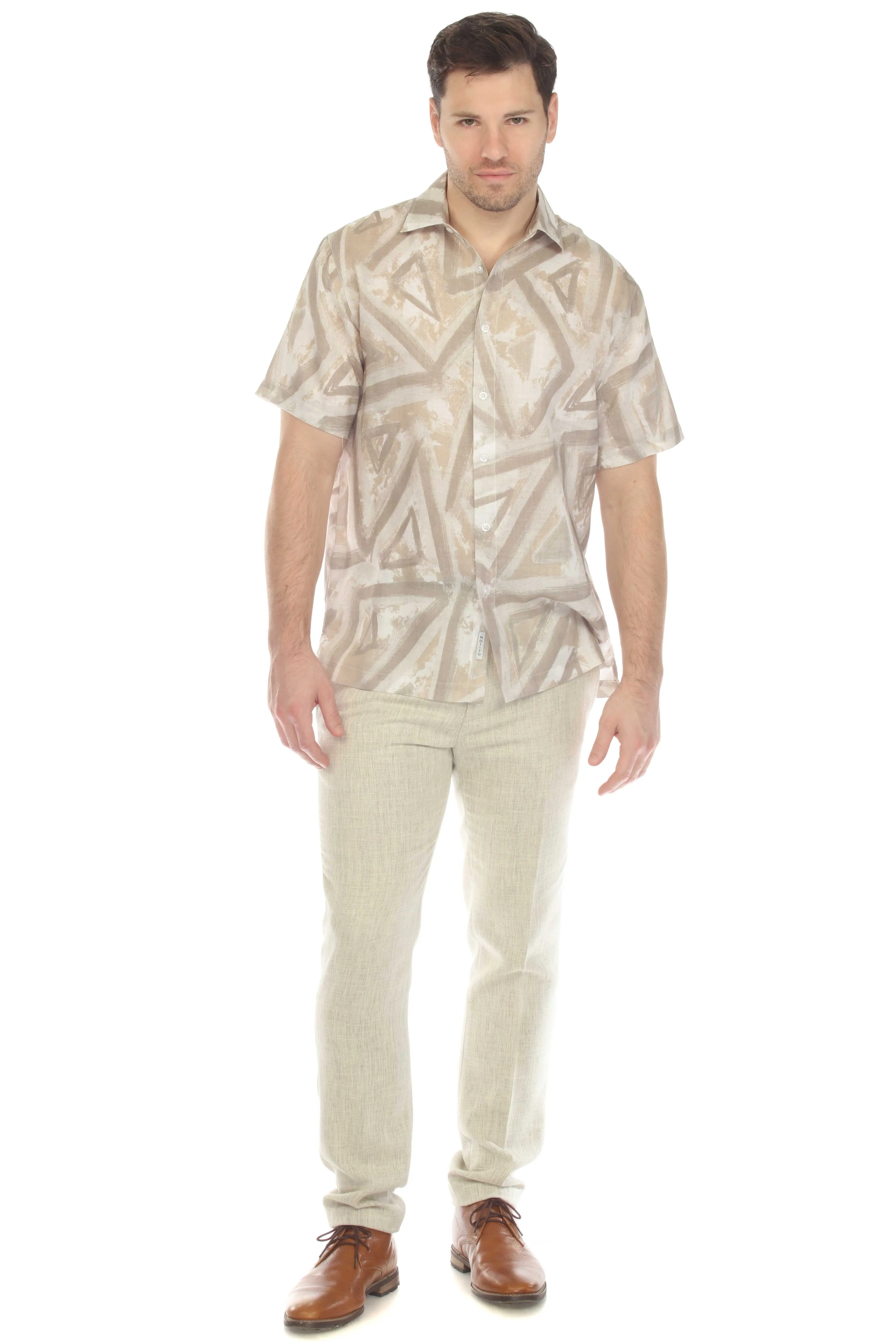 100% Linen Neutral Geo Print Short Sleeve Shirt