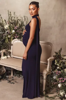 Alula | Navy Maternity Asymmetric Maxi Dress with Cape Detailing