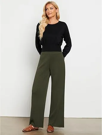 Army Green Women's Casual Elastic Waist Full Length High Waisted Relaxed Fit Stretch Wide Leg Pants in Acrylic Fibers