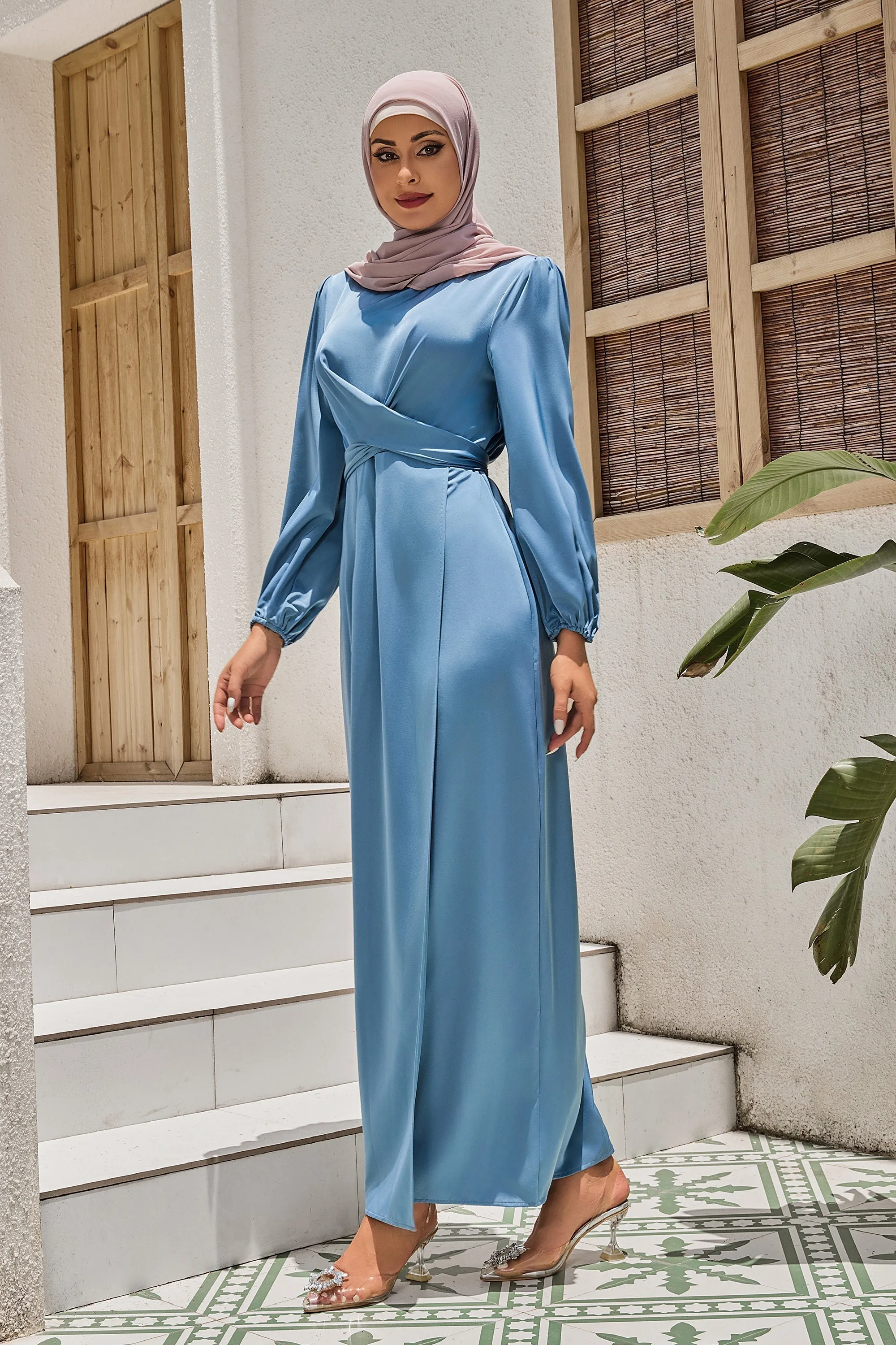 Blue Criss Cross Satin Faux Wrap Maxi Dress-CLEARANCE