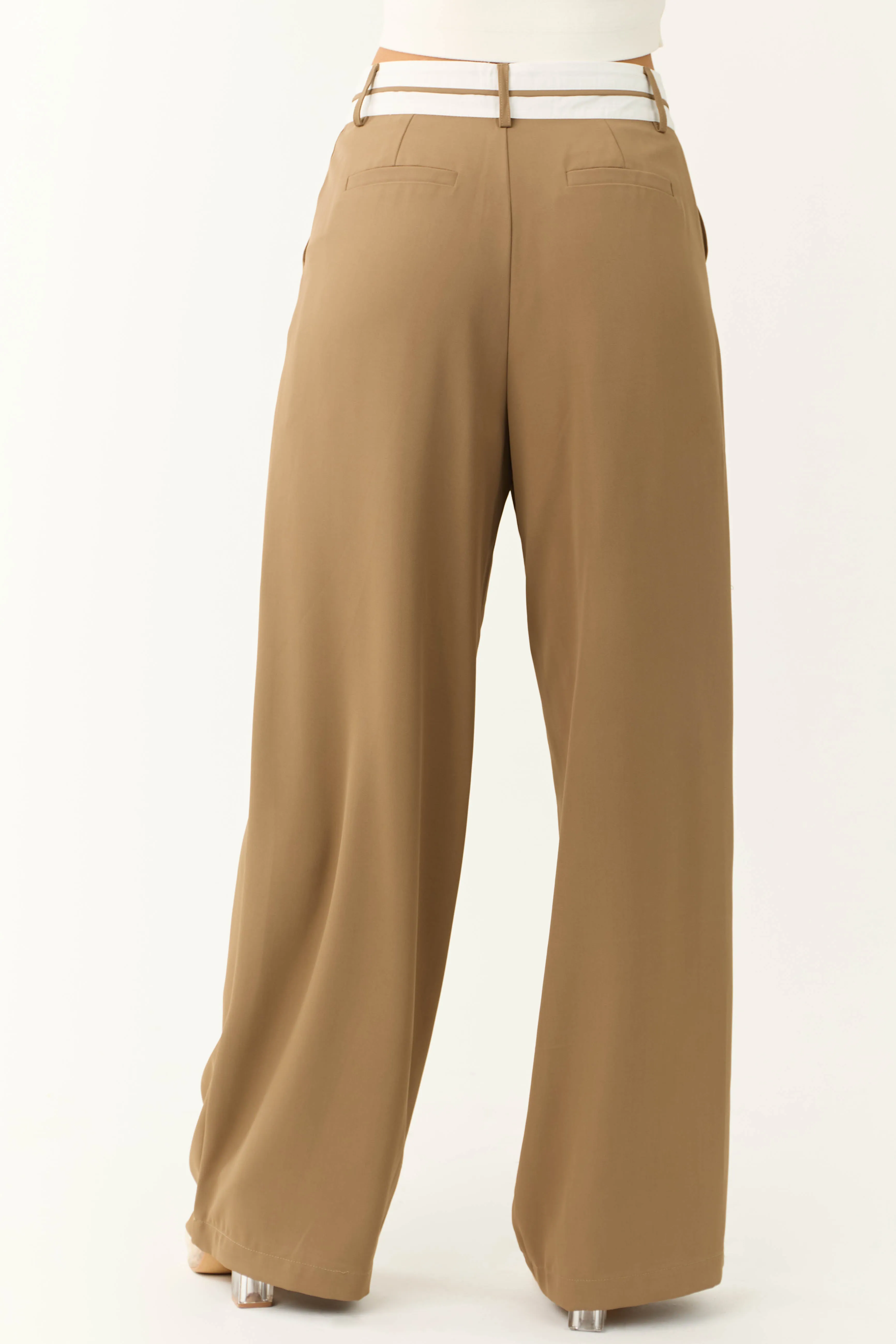 Coffee Contrast Waistband Wide Leg Pants