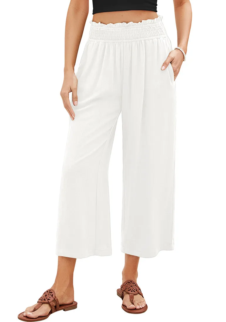 Cream White Women's High Waisted Wide Leg Elastic Waist Linen Palazzo Pants Pull On Smock Waist Baggy Fit Trousers