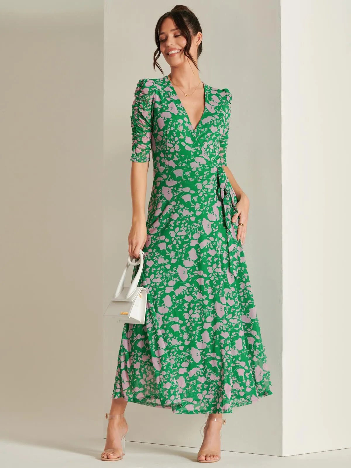 Daliyah Wrap Front Mesh Maxi Dress, Green Floral