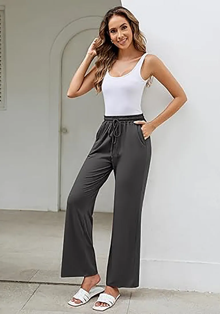 Dark Gray Women's Casual Elastic Waist Full Length Relaxed Fit Stretch Wide Leg Pants Side Pocket