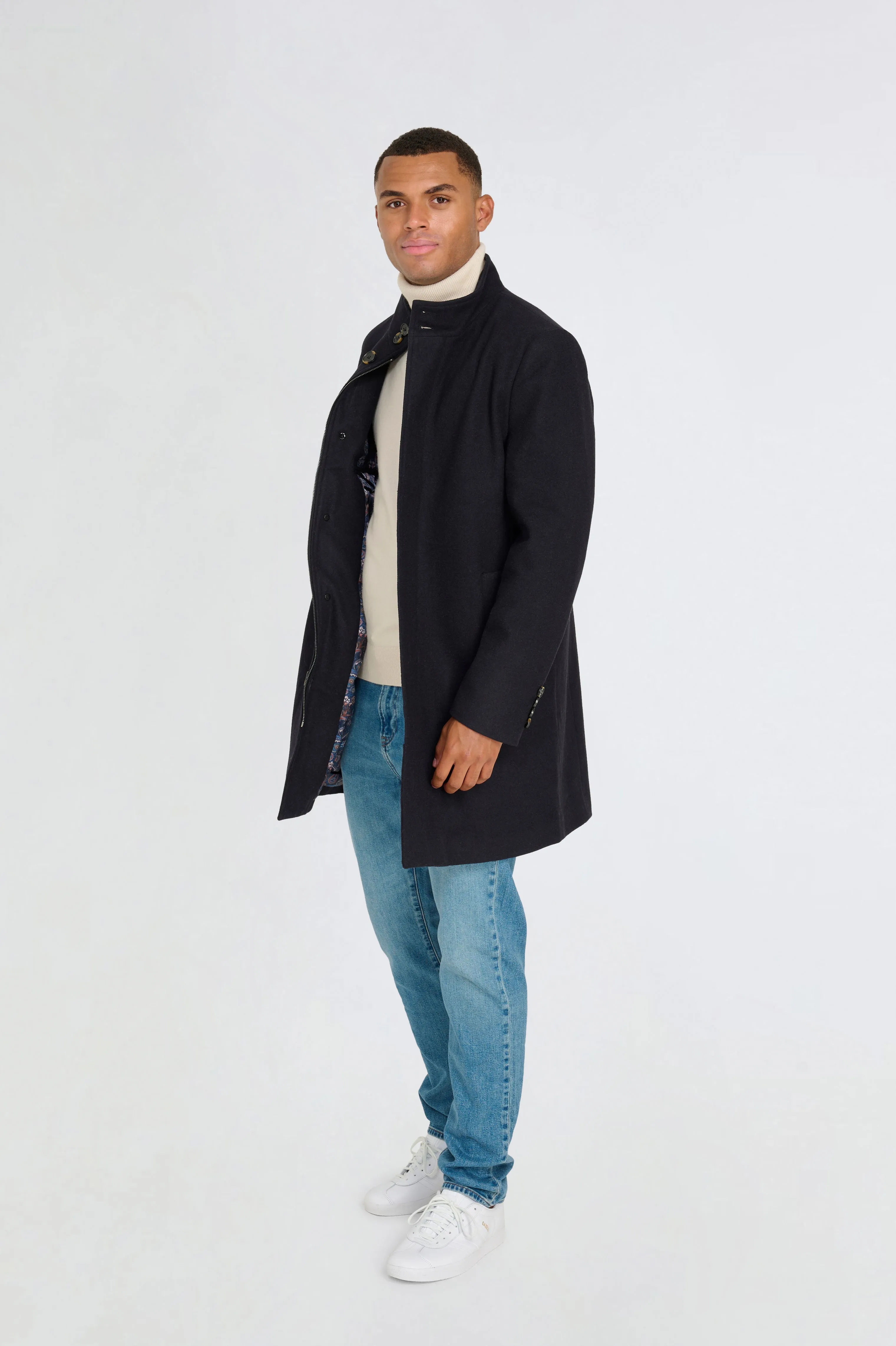 George Wool Melton Coat with Funnel Neck in Navy