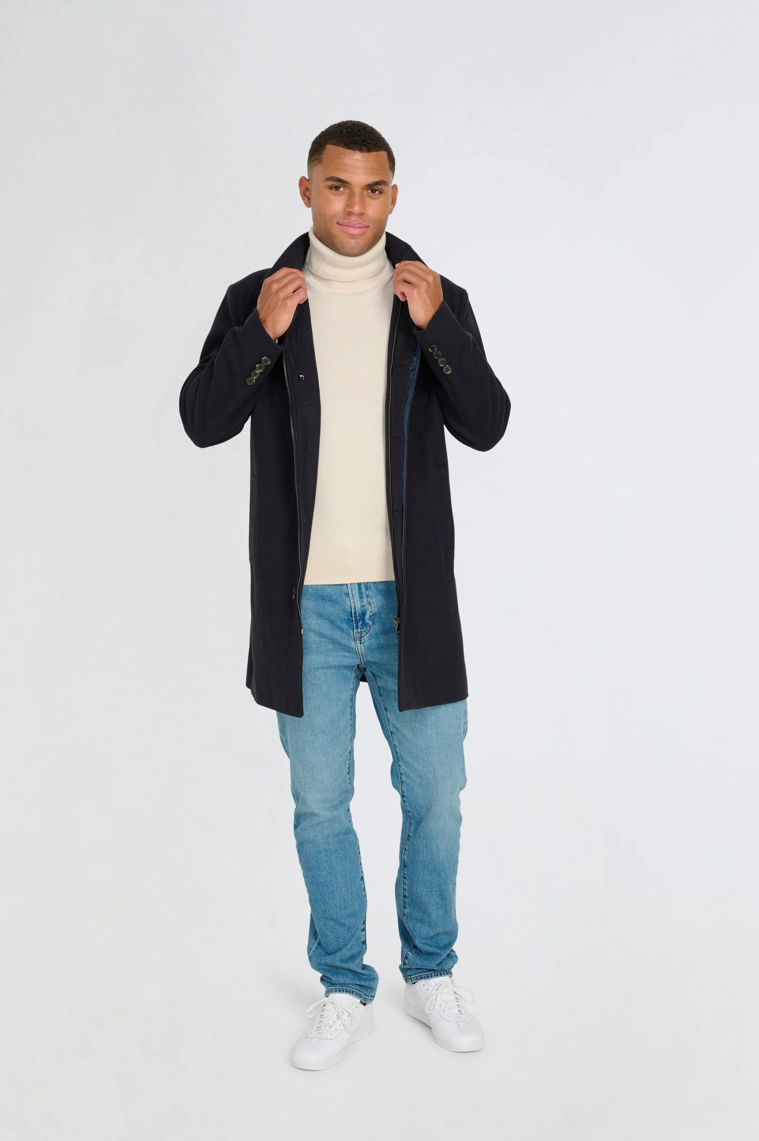 George Wool Melton Coat with Funnel Neck in Navy