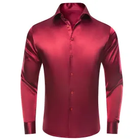 Hi-Tie Burgundy Red Solid Satin Silk Men's Long Sleeve Dress Shirt