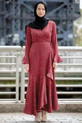 Maroon Dots Ruffle Wrap Maxi Dress-CLEARANCE