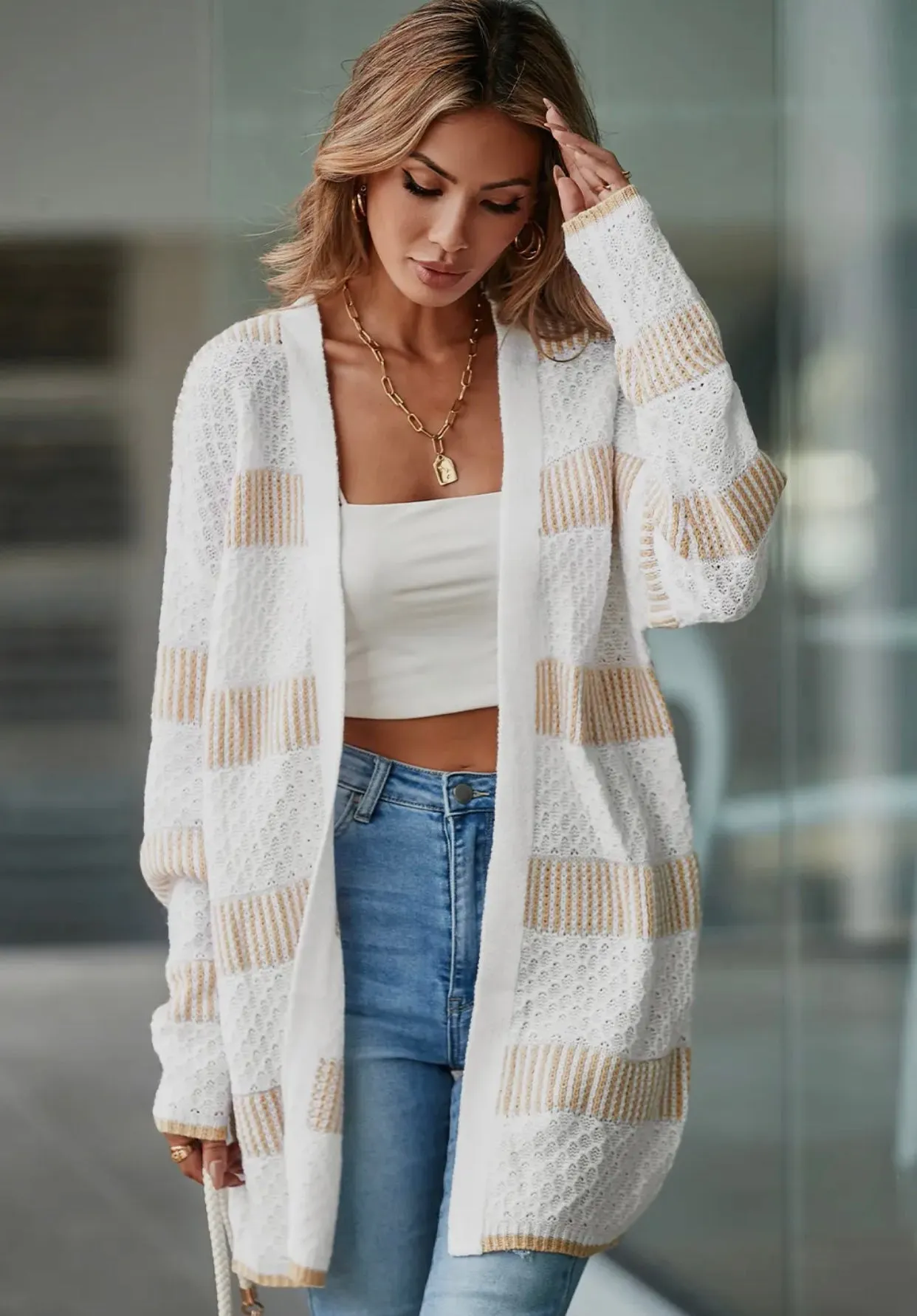 Outerwear - Beige Textured Stripe Pattern Drop Shoulder Duster Cardigan