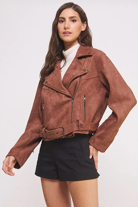 Plus Belted Long Sleee Zippered Suede Moto Jacket