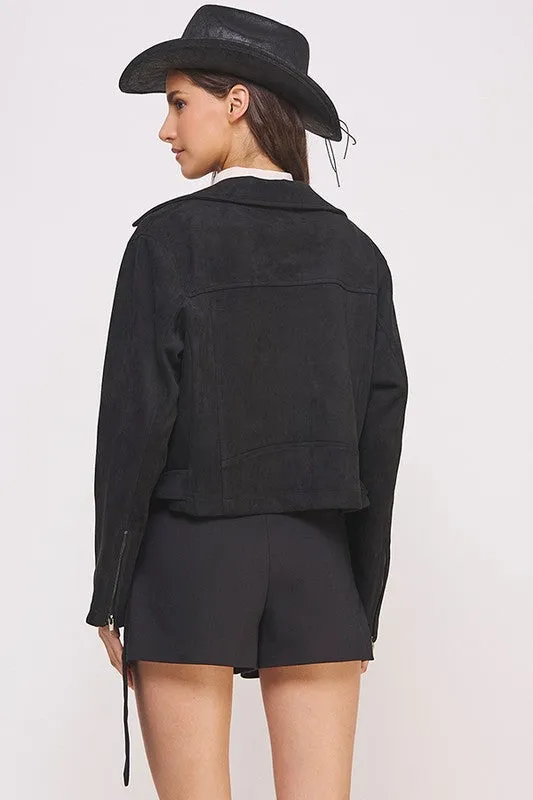 Plus Belted Long Sleee Zippered Suede Moto Jacket