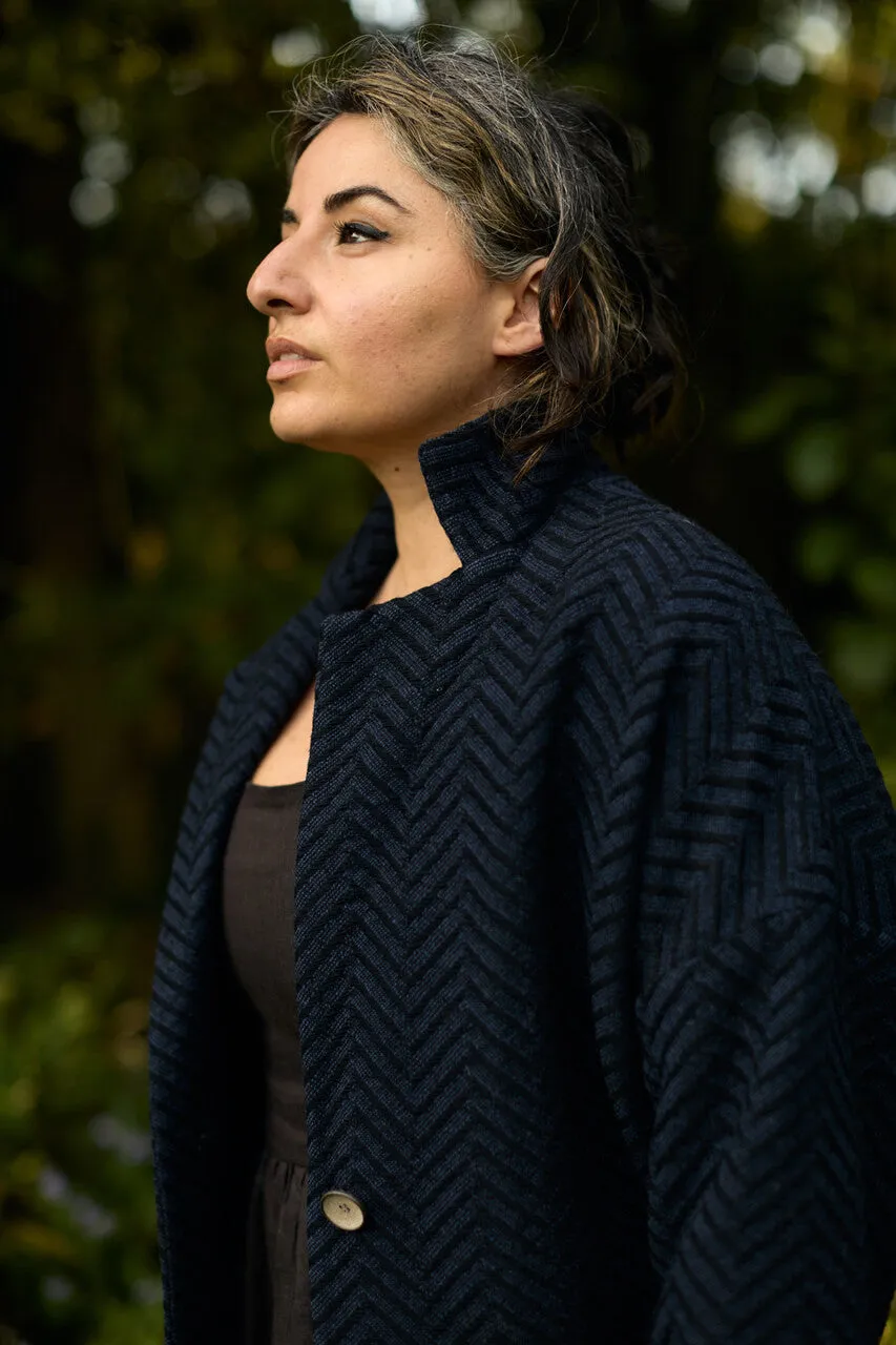 Portuguese Wool Pieper Coat in Navy and Black Herringbone - Pre-Order 12/30