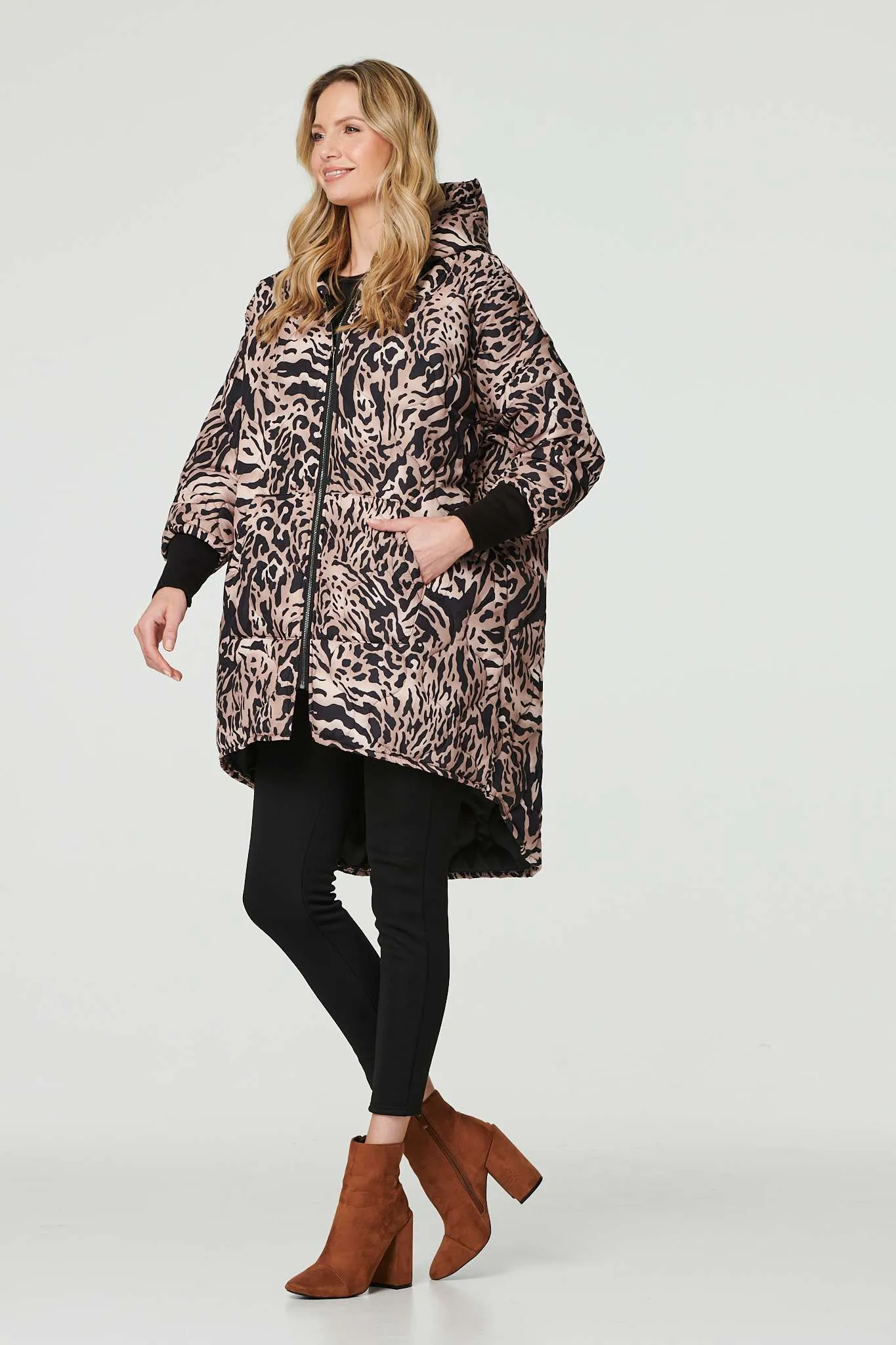 Printed Zip Front High Low Coat