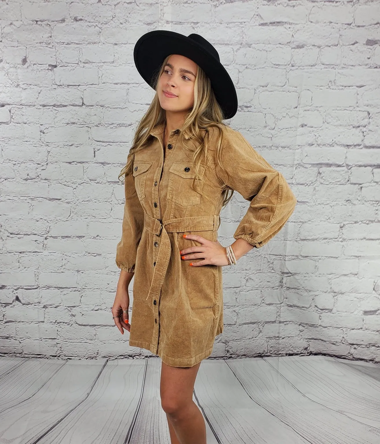 Puffed sleeves front-button flap pockets corduroy mini shirtdress