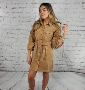 Puffed sleeves front-button flap pockets corduroy mini shirtdress