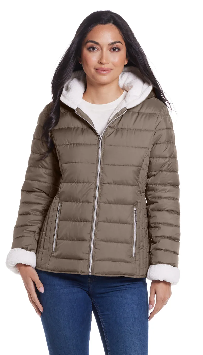 QUILTED PUFFER COAT WITH COZY FLEECE LINING