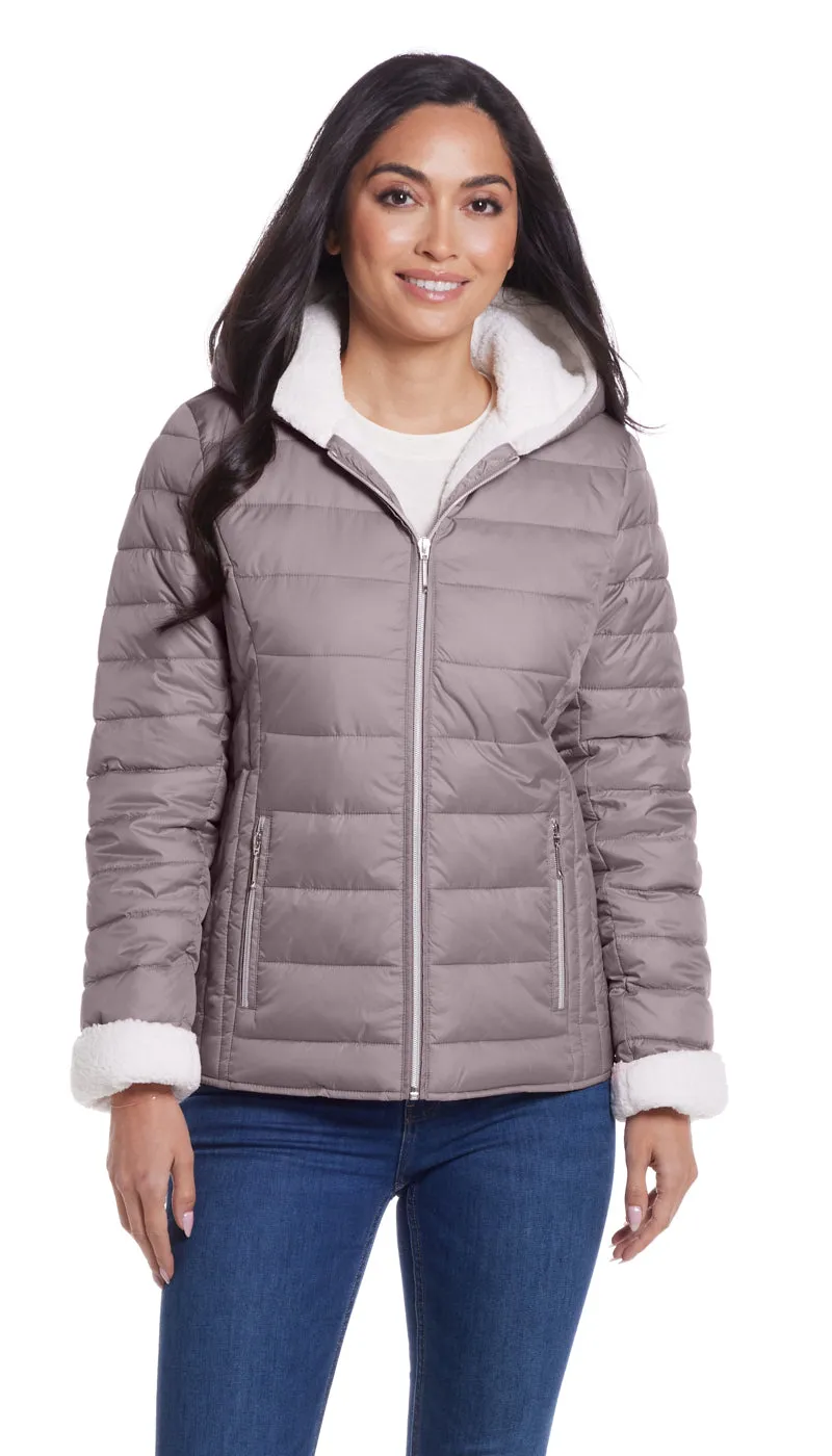 QUILTED PUFFER COAT WITH COZY FLEECE LINING