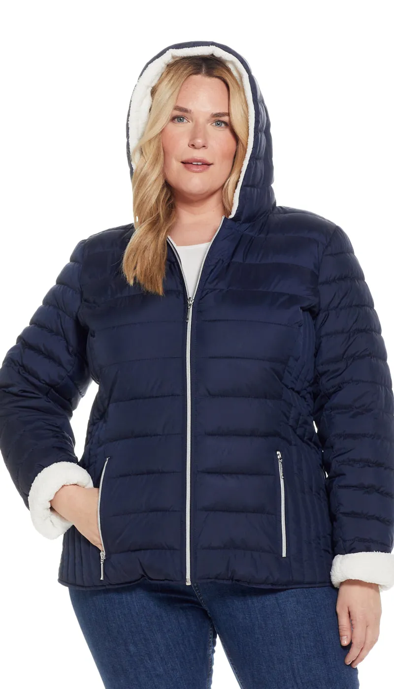 QUILTED PUFFER COAT WITH COZY FLEECE LINING