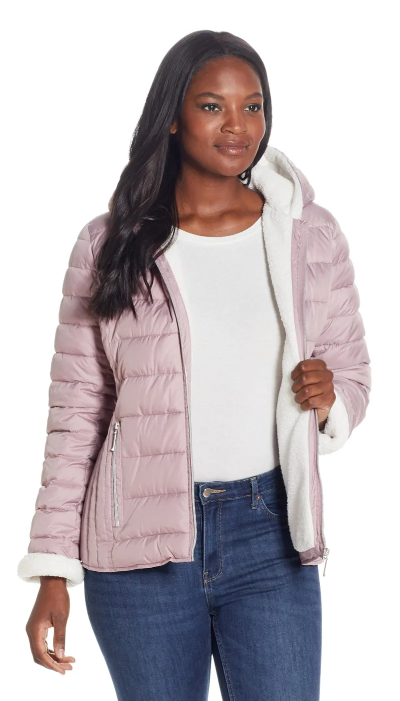 QUILTED PUFFER COAT WITH COZY FLEECE LINING