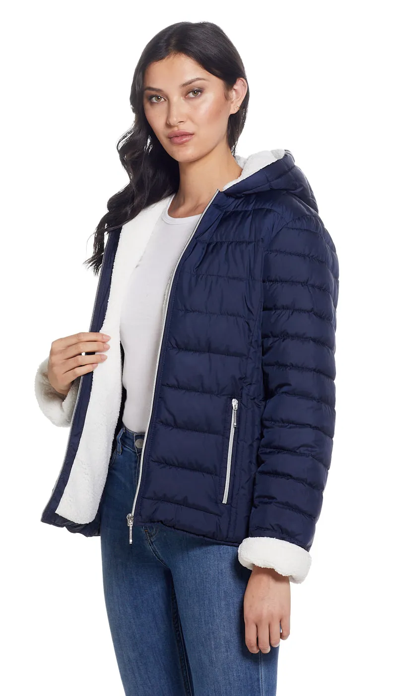 QUILTED PUFFER COAT WITH COZY FLEECE LINING