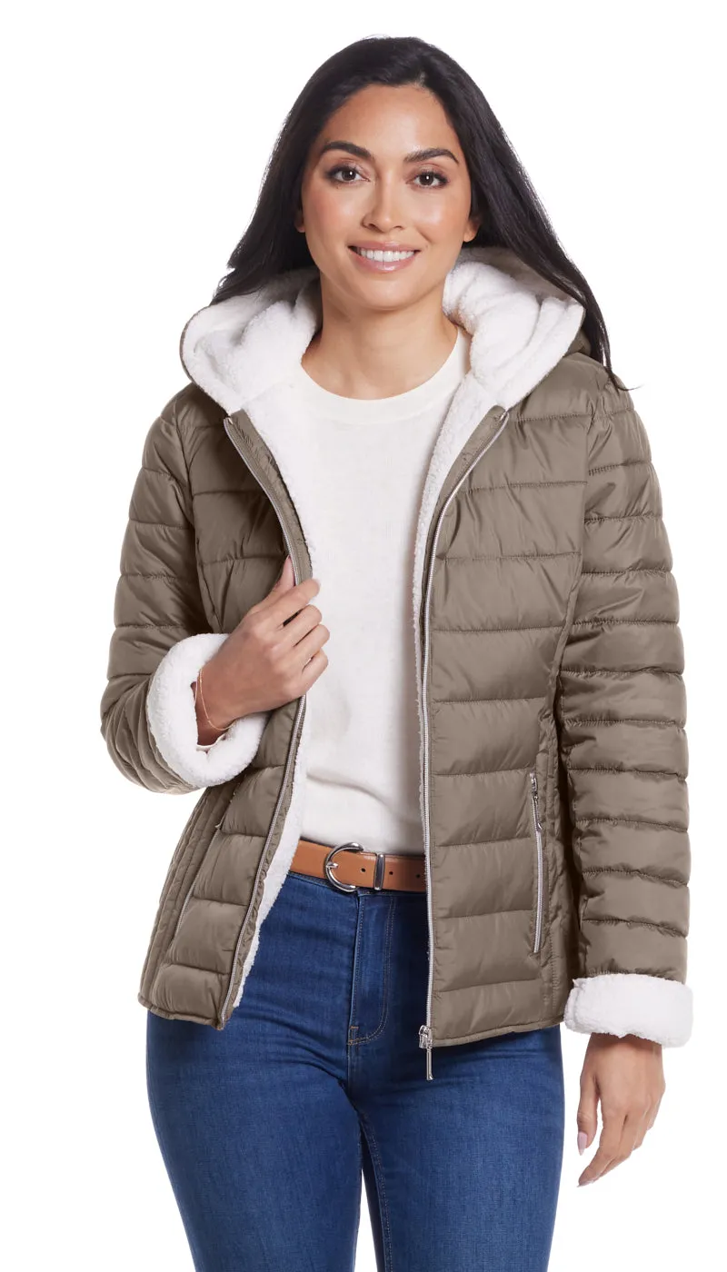 QUILTED PUFFER COAT WITH COZY FLEECE LINING