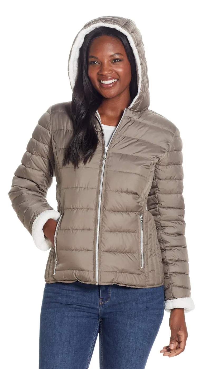 QUILTED PUFFER COAT WITH COZY FLEECE LINING