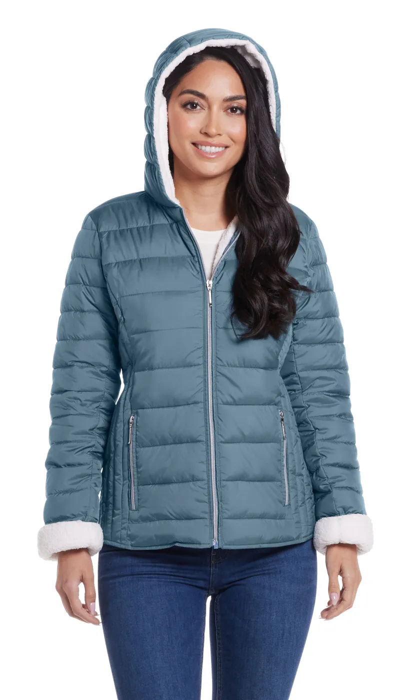 QUILTED PUFFER COAT WITH COZY FLEECE LINING