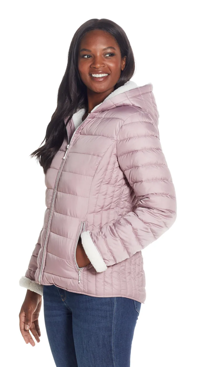 QUILTED PUFFER COAT WITH COZY FLEECE LINING