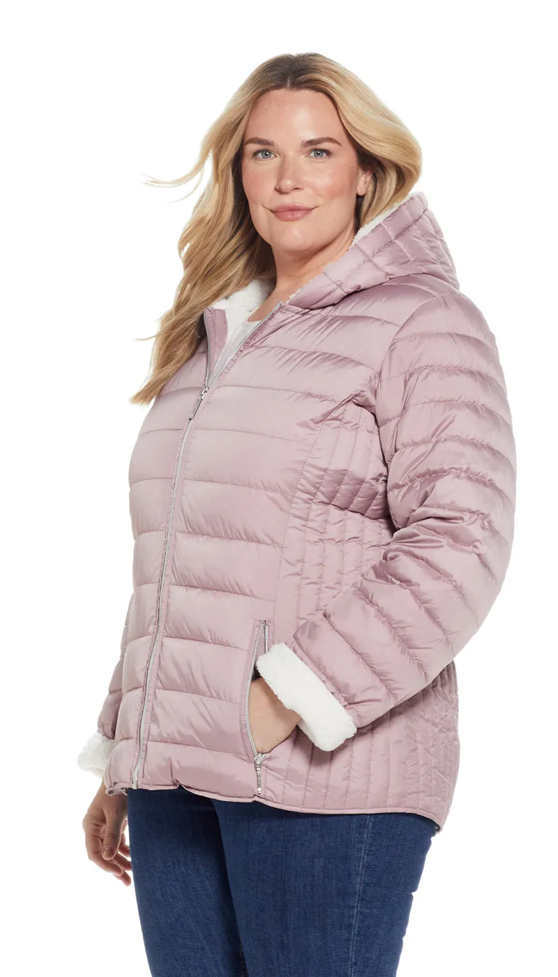 QUILTED PUFFER COAT WITH COZY FLEECE LINING