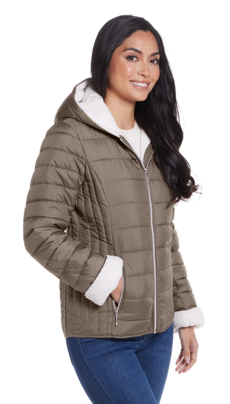 QUILTED PUFFER COAT WITH COZY FLEECE LINING