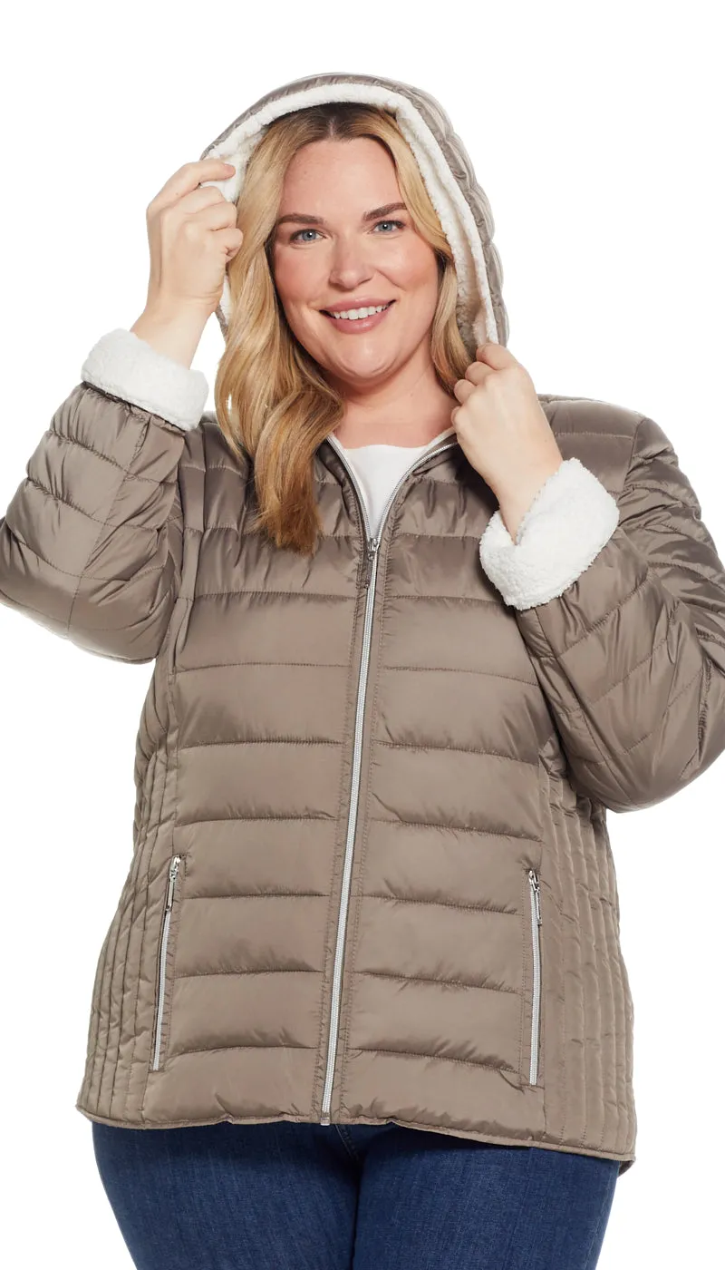 QUILTED PUFFER COAT WITH COZY FLEECE LINING