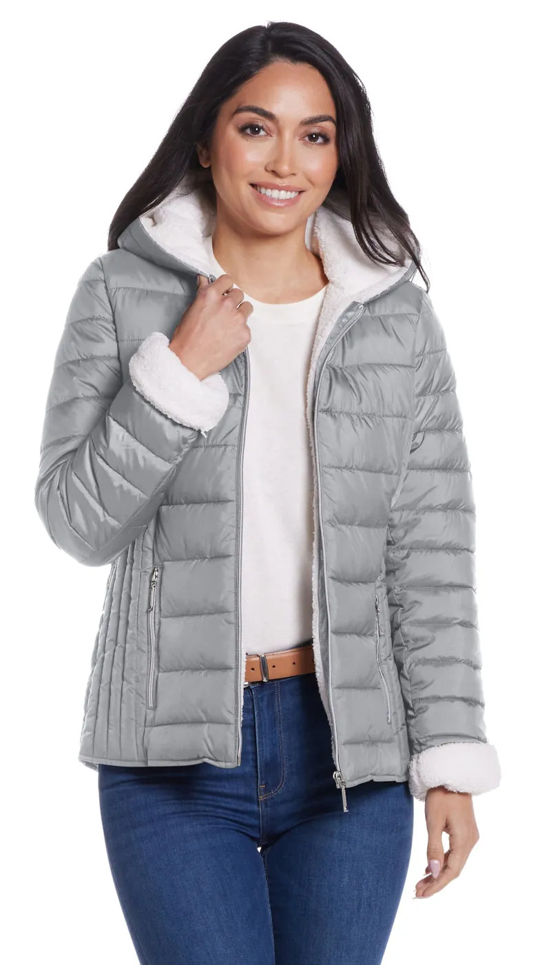 QUILTED PUFFER COAT WITH COZY FLEECE LINING