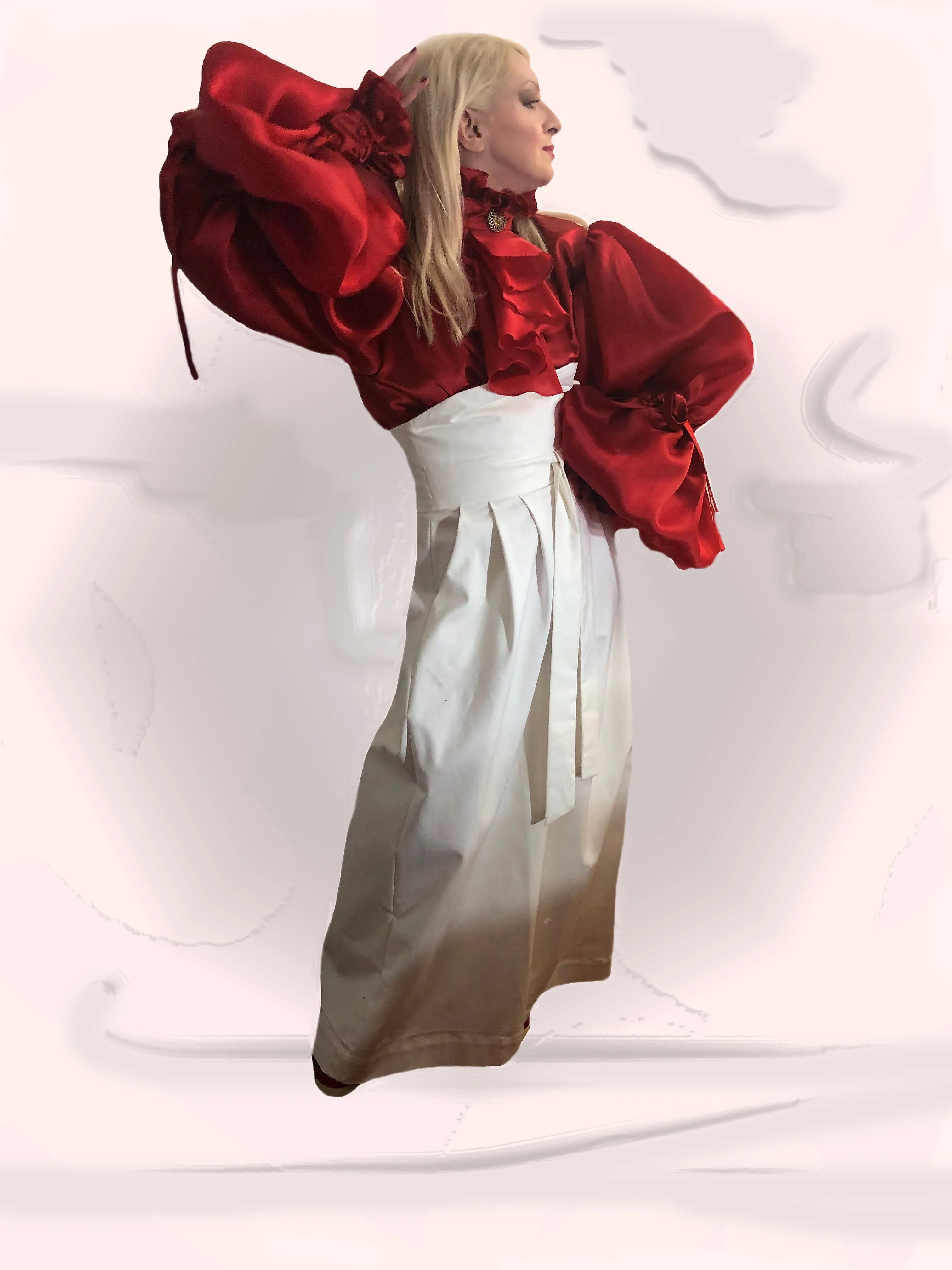 Red Frill Satin Shirt & Extra Long Satin Faced Silk Organza Sleeves in sizes XS S M L XL 2XL 3XL 4XL