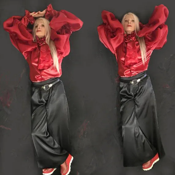 Red Frill Satin Shirt & Extra Long Satin Faced Silk Organza Sleeves in sizes XS S M L XL 2XL 3XL 4XL