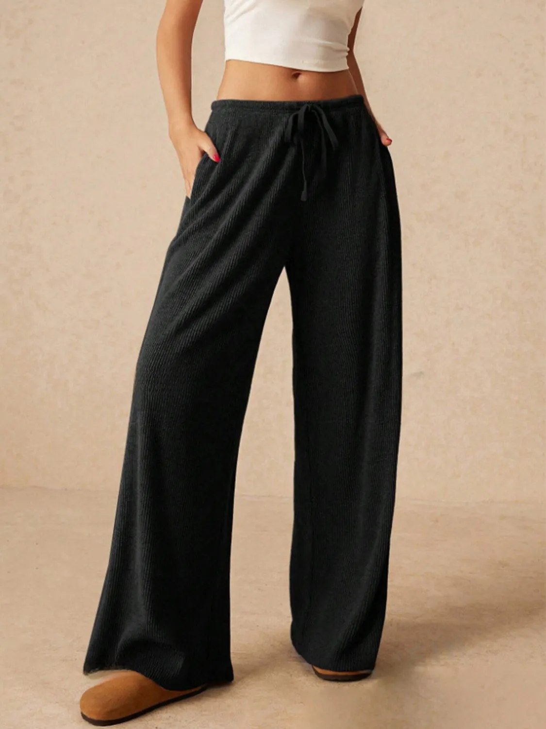 Ribbed Drawstring Wide Leg Pants