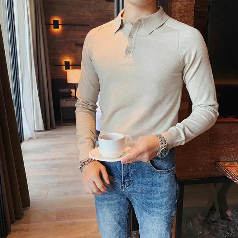 Slim Fit Men's Fashionable Lapel Solid Color Bottoming Shirt