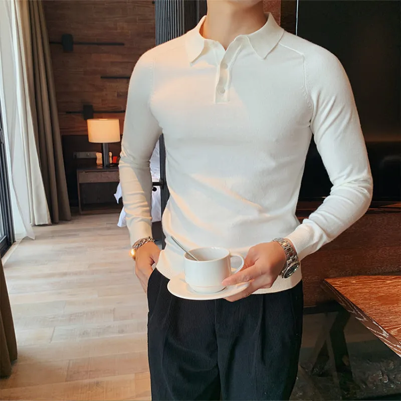 Slim Fit Men's Fashionable Lapel Solid Color Bottoming Shirt