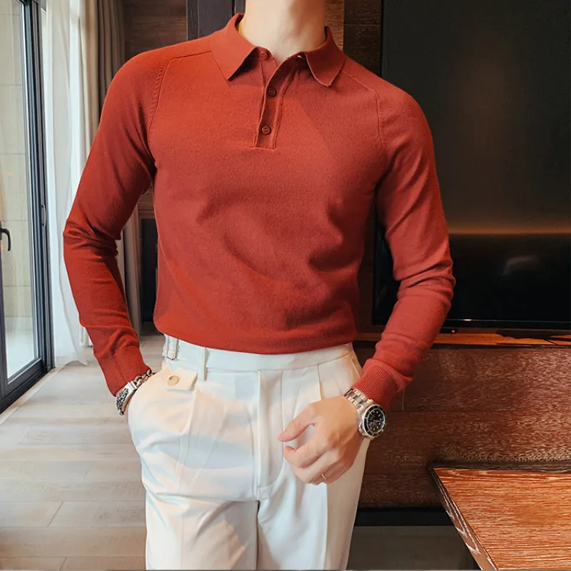 Slim Fit Men's Fashionable Lapel Solid Color Bottoming Shirt