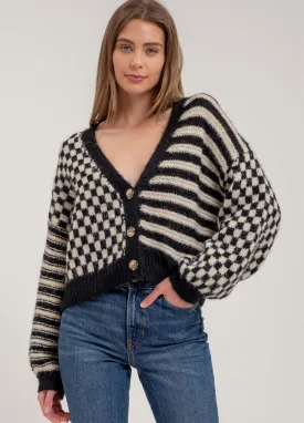 Stripe and Checkered Knit Cardigan in Black by Blu Pepper