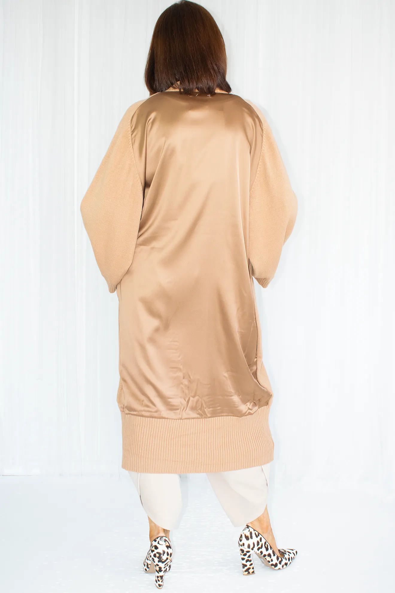 Thea wide sleeve Longline Cardigan with Satin back in Camel