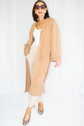 Thea wide sleeve Longline Cardigan with Satin back in Camel