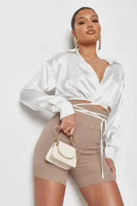 White Satin Wrap Front Shirt