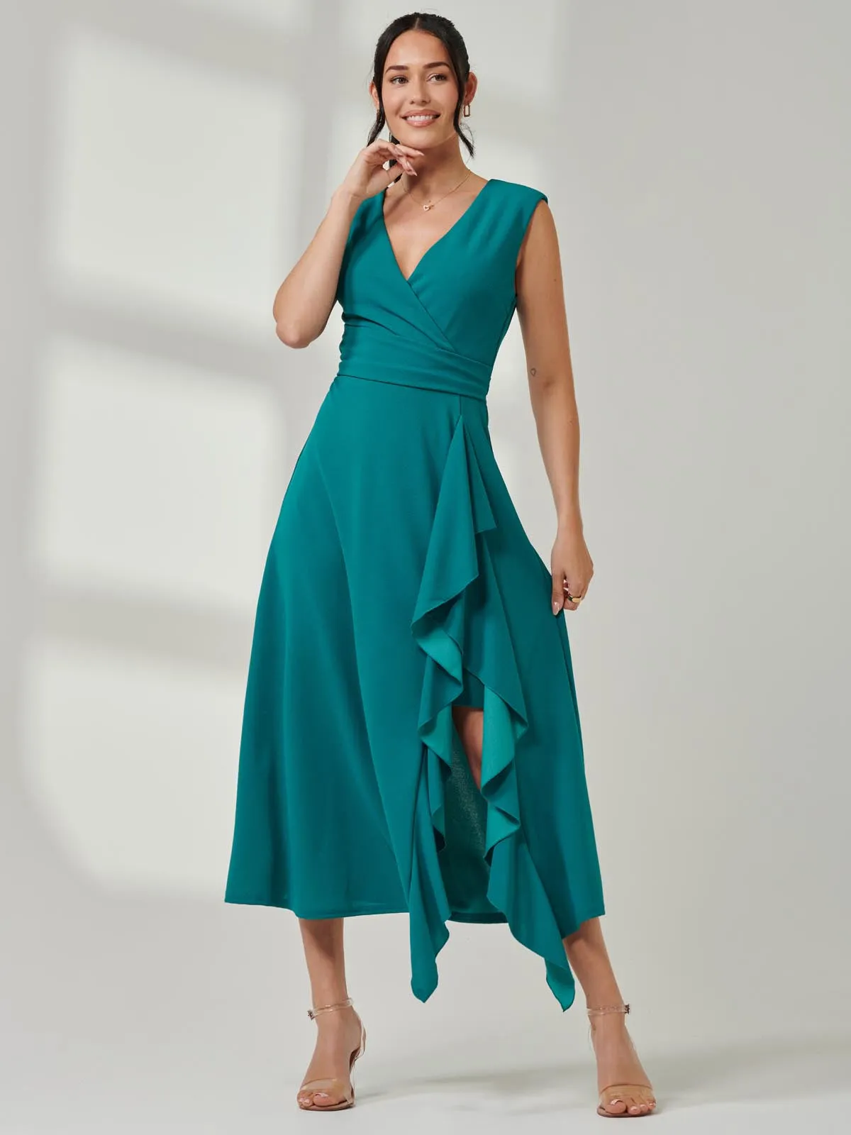 Wrap Front Frill Detail Maxi Dress, Teal